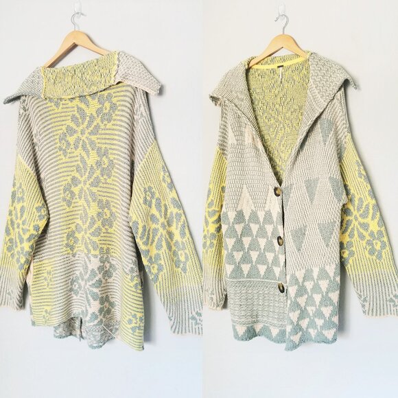 Free People Tate Knit Cardi Cardigan Sweater XL Sage Sunshine Combo $168 Slouchy - Picture 13 of 16